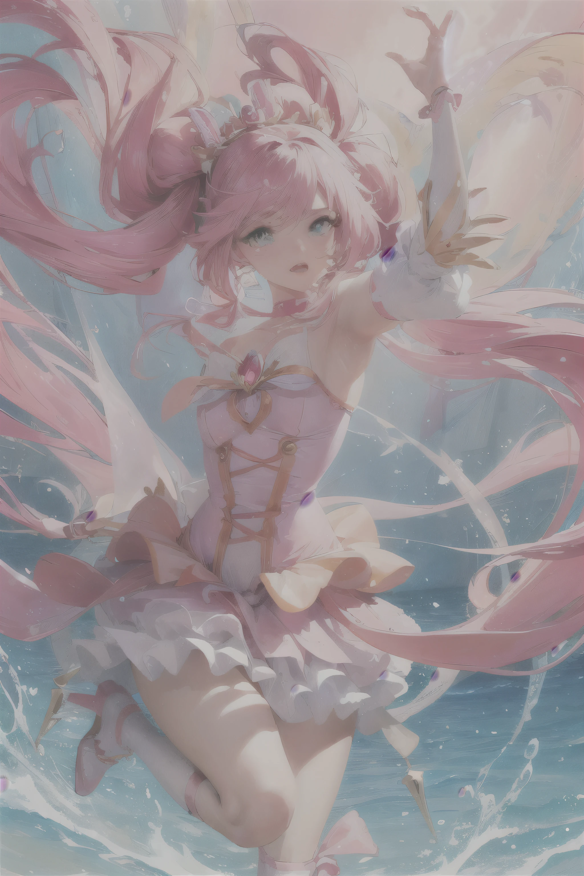 (highest resolution, distinct_image) Best quality, a female's masterpiece, highly detailed, semi realistic,(most of body), (best quality, masterpiece, ultra-realistic), portrait of 1 beautiful girl, a cartoon girl in a pink dress and a bow is dancing, magical girl anime mahou shojo, style of magical girl, portrait of magical girl, humanoid pink female squid girl, magical girl, my dress up darling anime, sparkling magical girl, official art, official character art, pink twintail hair and cyan eyes, !!full body portrait!!