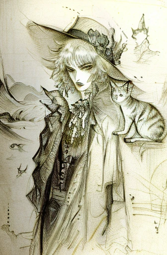 sketches of a woman with a hat and a cat, delicate androgynous prince, old sketch, faded drawing, detailed but rough, creepy explorer sketch, character design : : gothic, pencil doodle, inspired by Tsukioka Yoshitoshi, pencil and ink manga drawing, inspired by Harry Clarke, beautiful androgynous prince, shadowy and eerie character