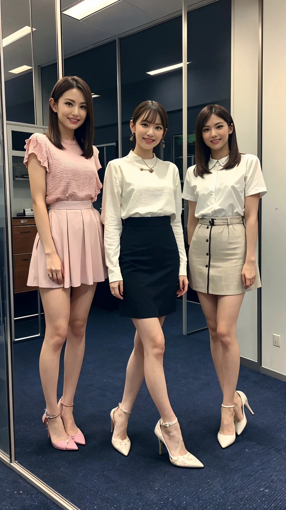 (highest quality, masterpiece, Photorealistic, Very detailed, Ultra-high resolution, to be born:1.3), (Three slender girls:1.3), beautiful, Japanese, mature, 28yo, office workers, (Close Relationship, Short skirt), ({money| Silver| wine-red| navy| pink| Yellow green| violet| Sky blue} Clothes), (smile), (bangs), high waist, necklace, (office, indoor, Glass Room), (Long legs, High heels, whole body:1.2), (Medium milk:1.3), (crowd)，