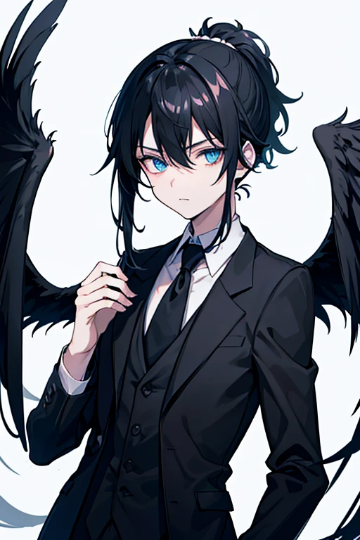 A demon boy with large-length black hair in a half ponytail, bangs in an X shape, black wings, wearing an elegant black suit, blue eyes, and a scar on the left eye