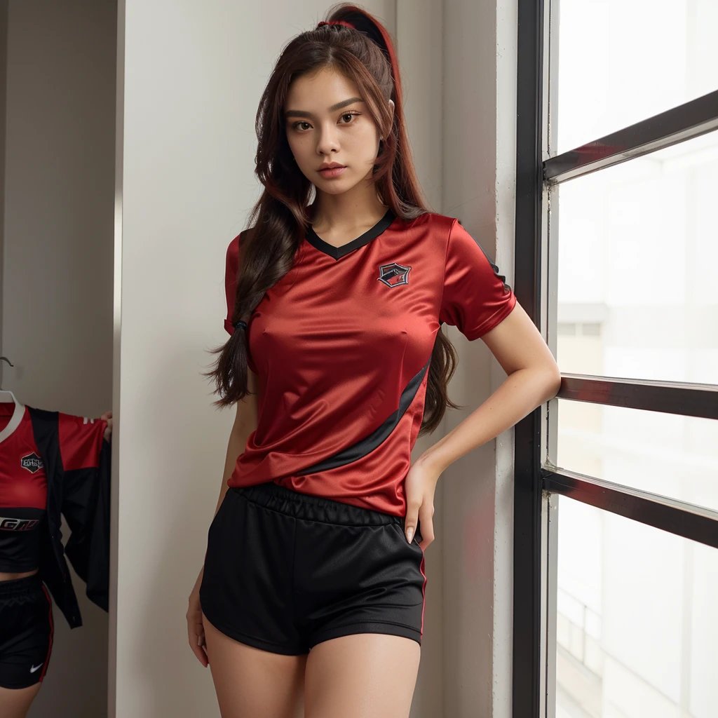 Close-up of woman with ponytail blowing up, black shorts,open legs,Large, prominent chest, Wear a volleyball shirt., IG model | RTM germs, in red and black, irelia, Black and Red only, Red dress, Professional sports style, red and black, red and black suit, Tzuyu from two times, red black, black and red silk clothes, Sporty,Wear a volleyball shirt., Black and Red only, Red dress, Professional sports style, red sports clothes, red black, red and black, Sportyบราและเสื้อเชิ้ต, red shirt, in red and black, sports clothes, sports clothes, Sporty, black and red silk clothes