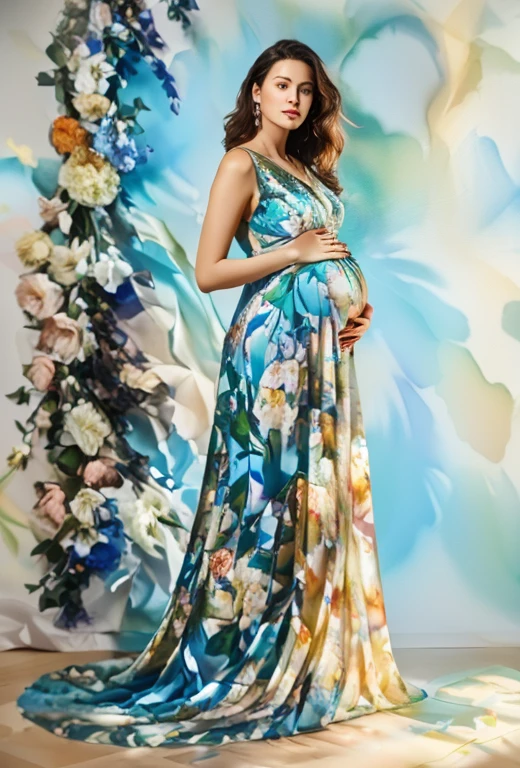 pregnant woman in blue dress with flowerpattern standing in front of floral wall, maternal photography 4 k, floral yellow painted backdrop, floral art novuea green dress, lady with glowing flowers dress, full body portrait painting, wearing a long flowery dress, flowing gown, wearing floral chiton, full body portrait shot, colorful backdrop, full body portrait, long luxurious flowing gown, beautiful gown