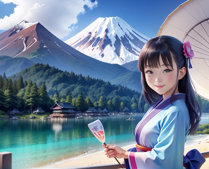 highest quality、Lakeside in front of the mountain、Mt fuji、summer、Daytime、Beautiful blue sky、outside of home、Young girl、Smile on the screen、Detailed beauty、picnic、Open the parasol、kimono、taisho roman