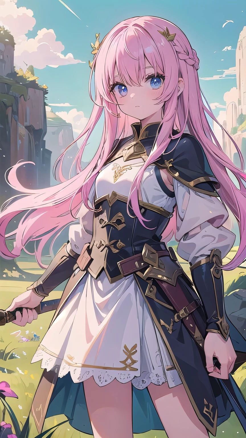 (masterpiece:1.2), (highest quality:1.2), perfect eyes, perfect face, perfect lighting, middle ages, grassland, Rock Shade, , 1 boy, Pink Hair, Iris, Semi-long hair, Small breasts, Wearing white bikini armor, He is holding a rough sword and a round shield.