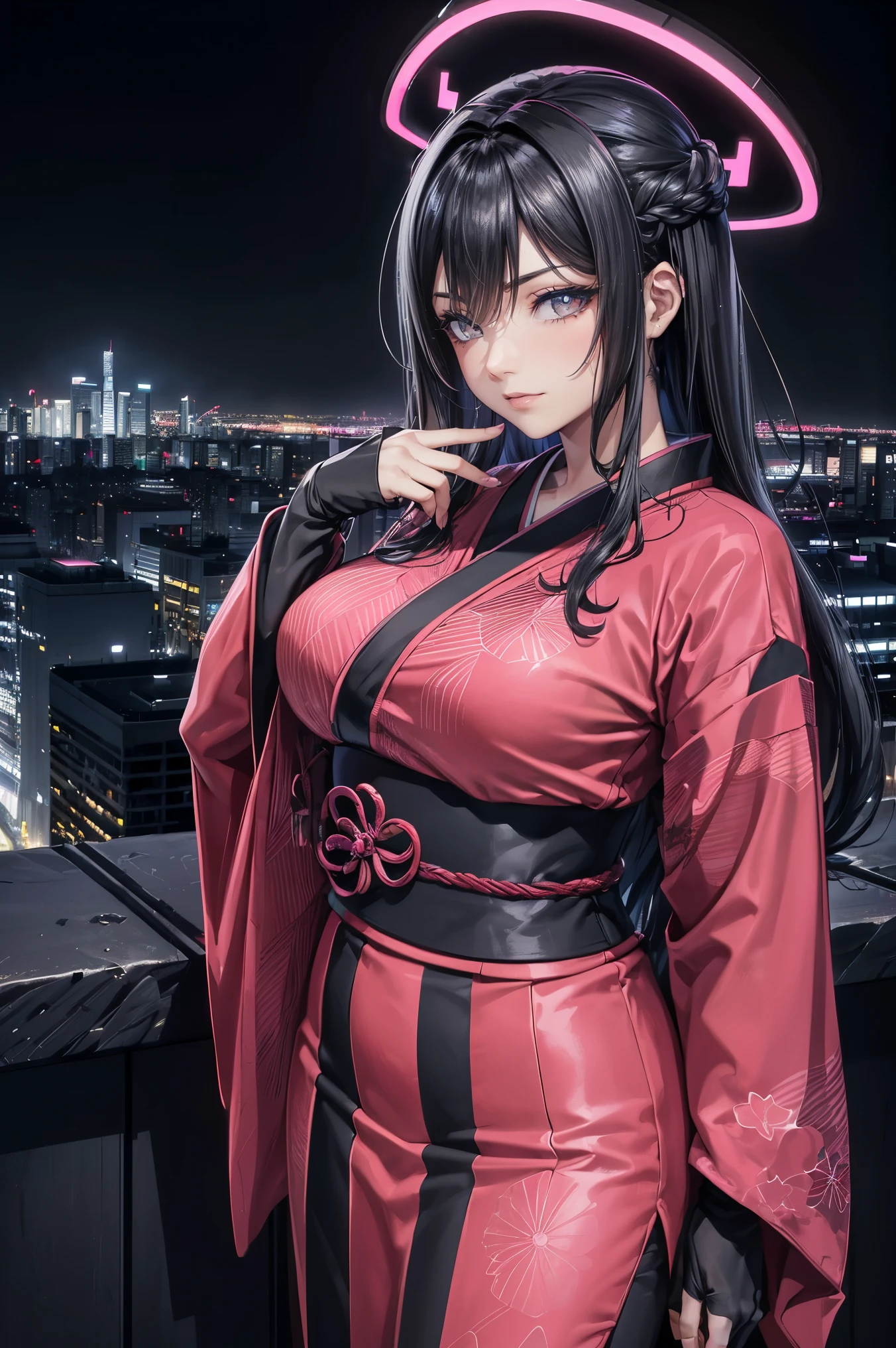 anime, (obra de arte, melhor qualidade, ultra-detalhado, alto contraste), 1 mulher gordinha (Sozinho, corpo todo, corpo plus size, standing on the edge of the skyscraper, cabelo prateado, CABELO LONGO E FLUXO, olhos vermelhos brilhantes de rubi, (Kimono preto, black cybernetics with neon pink), meias pretas transparentes), (skyscraper roof, com vista para uma cidade, fundo detalhado ((Night time, darkness, low light pollution)))