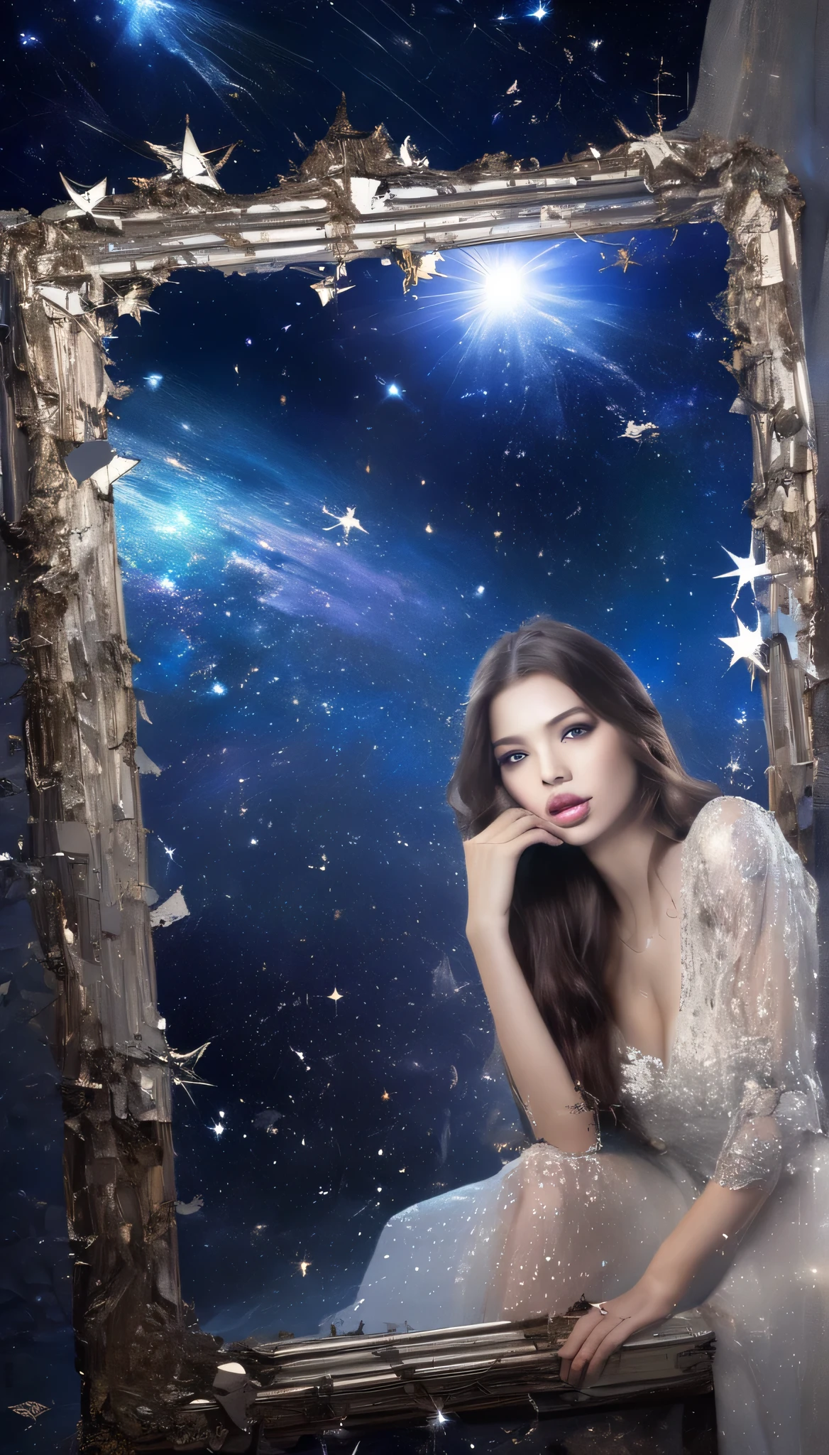 broken Mirrors reflect our fragility; in them,
we see our own inner truths. 
stunning girl standing in front of the smashed mirrors and
watching her reflections from thousands of broken mirrors  , behind the broken mirrors deep space and stars of milkyway replaced , altering our reflection in
the broken mirrors ,dark shadows ,midnight,spot lights , fantastic, crashed mirrors flying around reflecting shapes of body , portrait of a lady , beautiful mesmerizing faces reflecting from broken mirrors at the dark horizon, portrait shot , nebulas and stars at the scenery, dark blue beautiful symmetric eyes ,3D,perfect eyes,extremely detailed face, lifelike photography, ultra high detailed,naughty smile ,high  quality ,alluring beauty full body shot ,closeup shot, gorgeous Russian model, awesome action photos, realistic, hyperrealism, fantasy ,