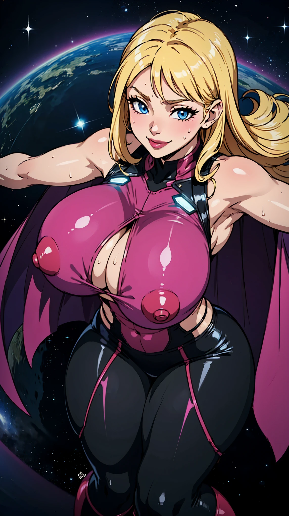 Digital Painting, Superhero, Muscle Girl in bodysuit, Korean idol face, blonde long hair in wind, little smiling young female, pose, fist up, Raise your arms, 1 ((Raise knees)), (((From above))), Behance Contest Winner, Afrofuturism, Synthwave, neon, glowing neon, tight ((((sagging massive breasts)))), mini skirt with frill, Fluttering cape, ribbon, intricate micro bikini, Large areola, Big nipples, Sweat, glossy silky skin, ((smile)), Thick waist, cosmic sparkling in space, Real Background, frying, in dynamic perspective, in (:Realistic:0.5) detailed coloring finished, 4K much more,
