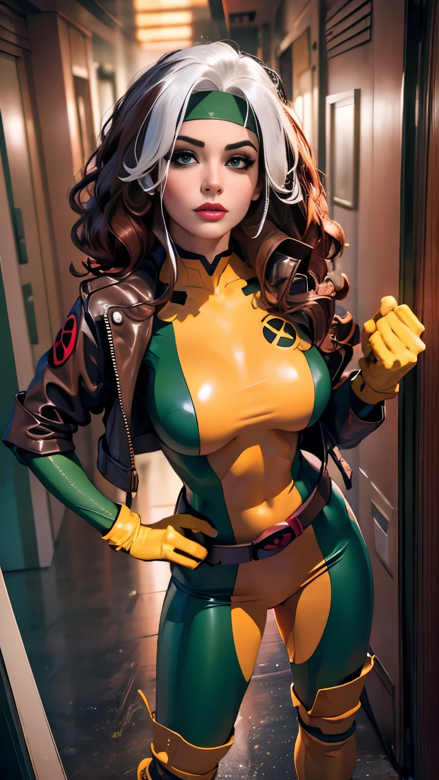 (masterpiece:1.0), (best_quality:1.2), (dark shot:1.3), Classic Rogue, 1991 Rogue X-Men, 1 girl, Only 1, full body shot, facing the viewer, medium length hair, auburn hair, wavy hair, one lock of white hair, green eyes, fit figure, defiant stance, hand on hip, smirk, lips parted, medium breasts, headband, gloves, boots, jacket, belt, red lipstick, heavy makeup, lighting from above, (realism: 1.5), (Realistic: 1.4), (Absurdity:1.4), 8k, ultra-detailed, Detailed Beautiful Woman, very physically fit girl, (background: long dark hallway in a mansion), official art, extremely detailed CG unity 8k wallpaper, very dark lighting, Colorful, ultra high res, photography, 8K, HDR, Kodak portra 400, film grain, blurry background, (bokeh:1.2), film grain:1.2, (warm hue, warm tone:1.2), (color photo), professional photograph