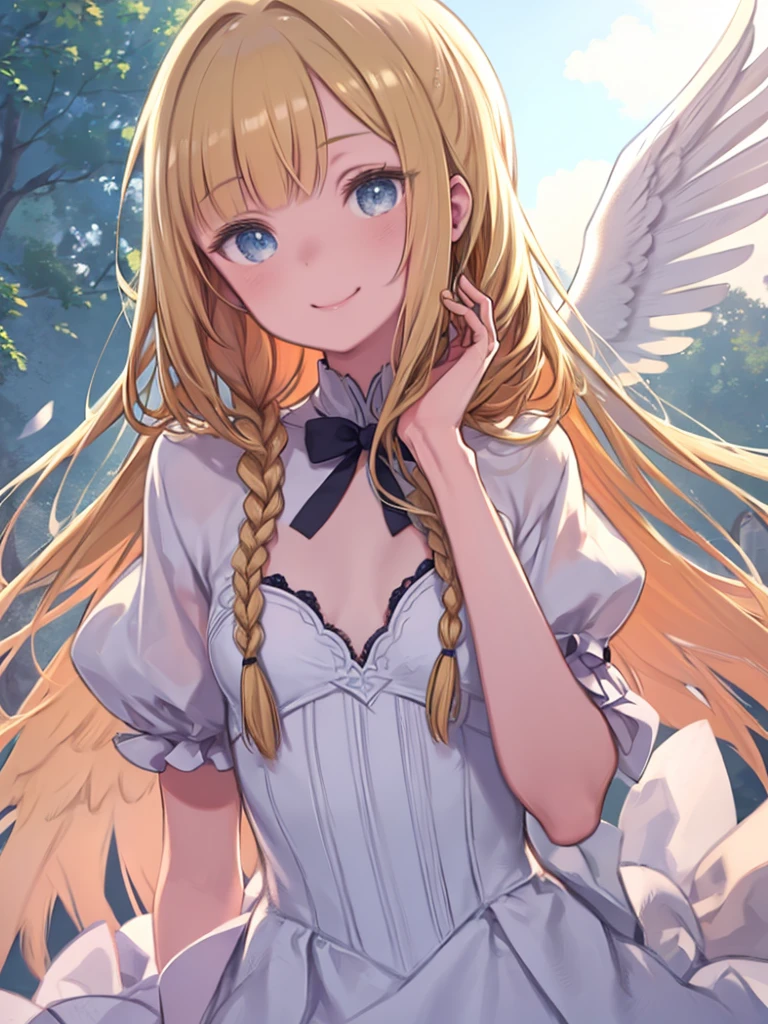 (masterpiece, 最high quality, high quality, High resolution:1.2), 超High resolution, Ridiculous, Sharp focus, detailed, Persistence, Medium Shot, 1 girl, e7 America Online, Blonde Hair, Long Hair, Long braids, Small breasts, Flat Chest, blue eyes, White Summer Dress, White gloves, Angel Wings, Hello, Looking at the audience, student, finely-detailed eyes, smile, Perfect hands, skinny, detailed skin, Shiny skin, Outdoor, garden, Daytime, detailed background, colorful, Scattered beneath the surface, Volumetric lighting, extremely detailed
