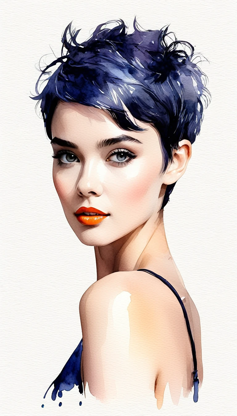 chica de pelo corto pixie arte moderno, minimalismo, contemporary elegance, dreamcore, moda elegante , fusion of watercolor and digital illustration, colores limpios, minimalistas y vibrantes
