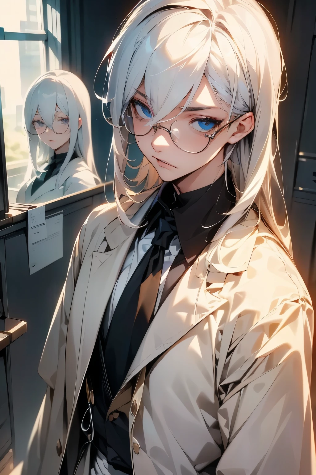 Long white hair, male character, white eyelashes, bishonen, lab coat, scientist, dandere, serious, androgynous beauty, pale skin, rectangular glasses, beautiful eyes sharp eyes, sharp features, nerdy, cute man, best quality, pixiv art, character design, beautiful hair, one character only