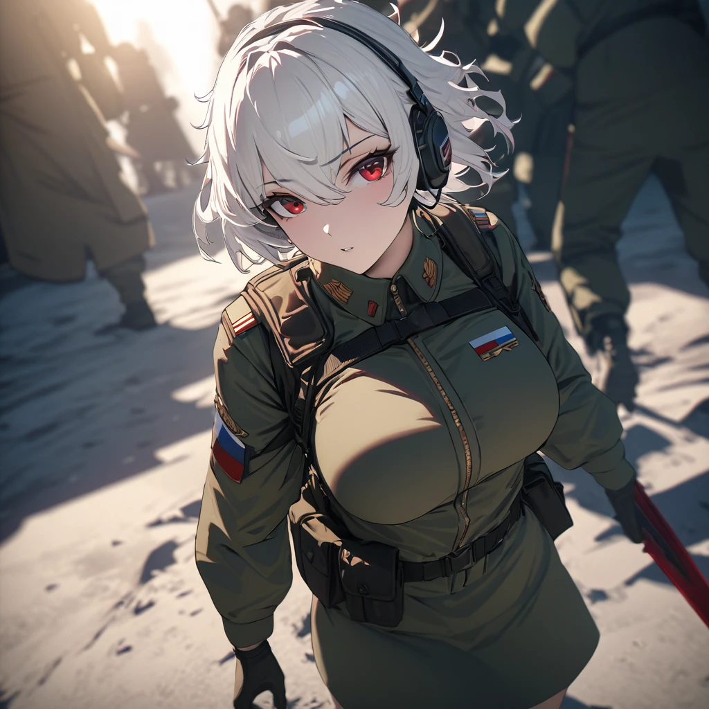 masterpiece , girl, On the battlefield, ( Light white short hair:1.2), (Red eyes:1.2), (Russian military uniforms:1.2), (View your viewers:1.2) , (8k, 最high quality 1.2), Super detailed, 8K Ultra HD, Soft lighting, high quality, Film Grain, Beautiful lighting, Cinematic ,Perfect body , Best lighting, Best Shadow, Sharpness, Contrast, Red glasses, Messy Hair, Tactical Vest, gloves, headset, Absurd high definition faces