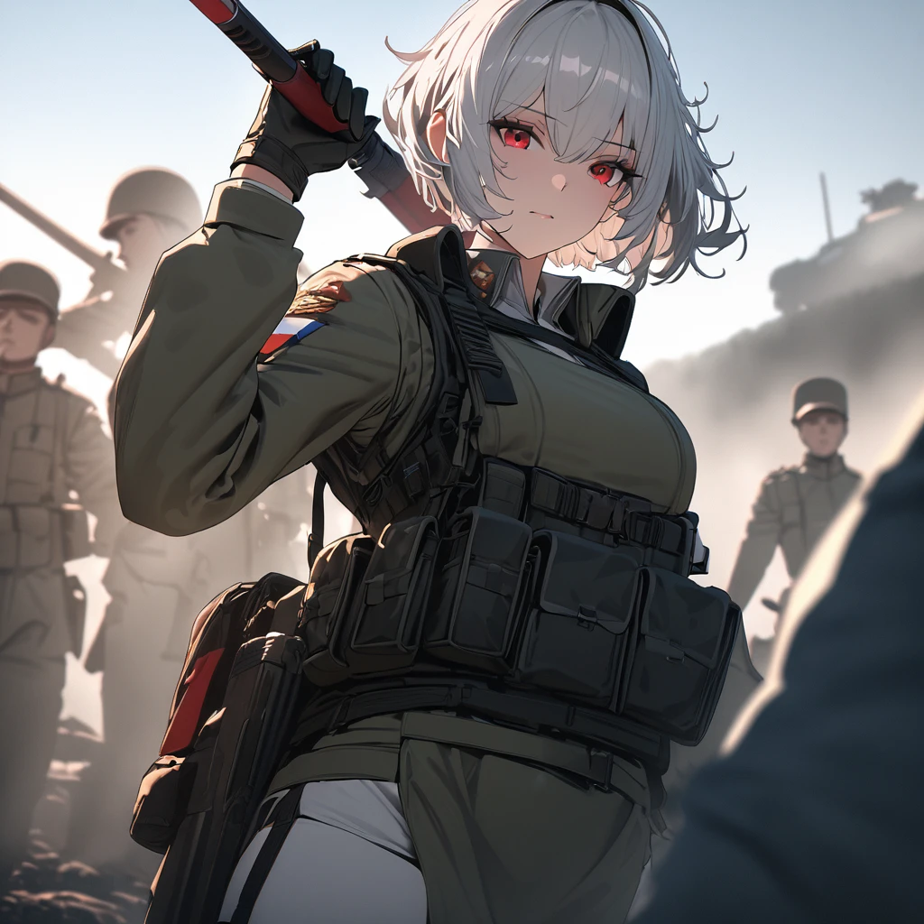 masterpiece , girl, On the battlefield, ( Light white short hair:1.2), (Red eyes:1.2), (Russian military uniforms:1.2), (View your viewers:1.2) , (8k, 最high quality 1.2), Super detailed, 8K Ultra HD, Soft lighting, high quality, Film Grain, Beautiful lighting, Cinematic ,Perfect body , Best lighting, Best Shadow, Sharpness, Contrast, Red glasses, Messy Hair, Tactical Vest, gloves, headset, Absurd high definition faces