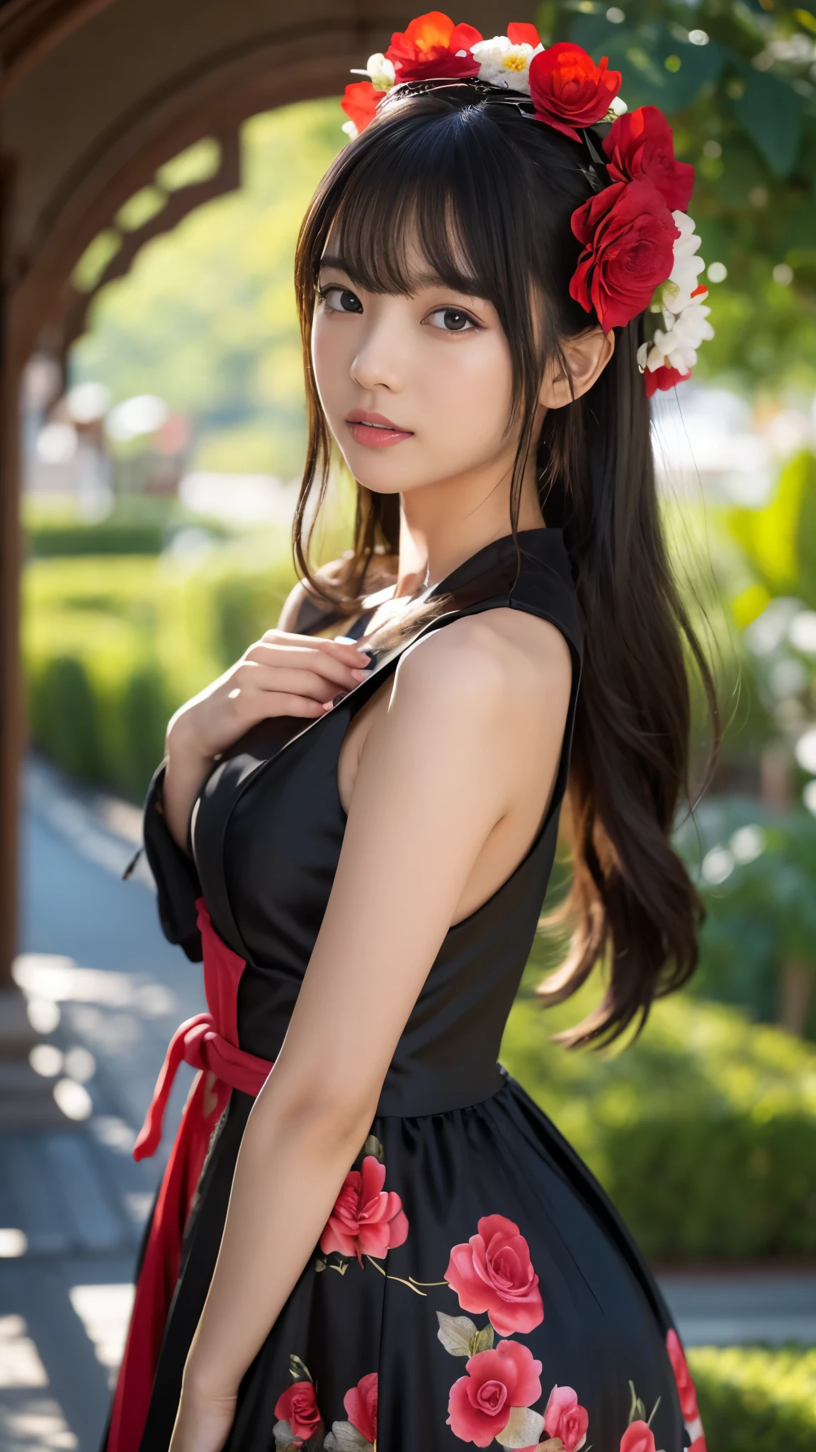 Anime girl in a red and black dress with a red flower in her hair, artwork in the style of Gweitz, Gweitz, Chinese Girl, Trending on cgstation, Cute anime waifu in a nice dress, Gweitz on pixiv artstation, palace ， Girl in Hanfu, Beautiful digital art, Gweitz on artstation pixiv