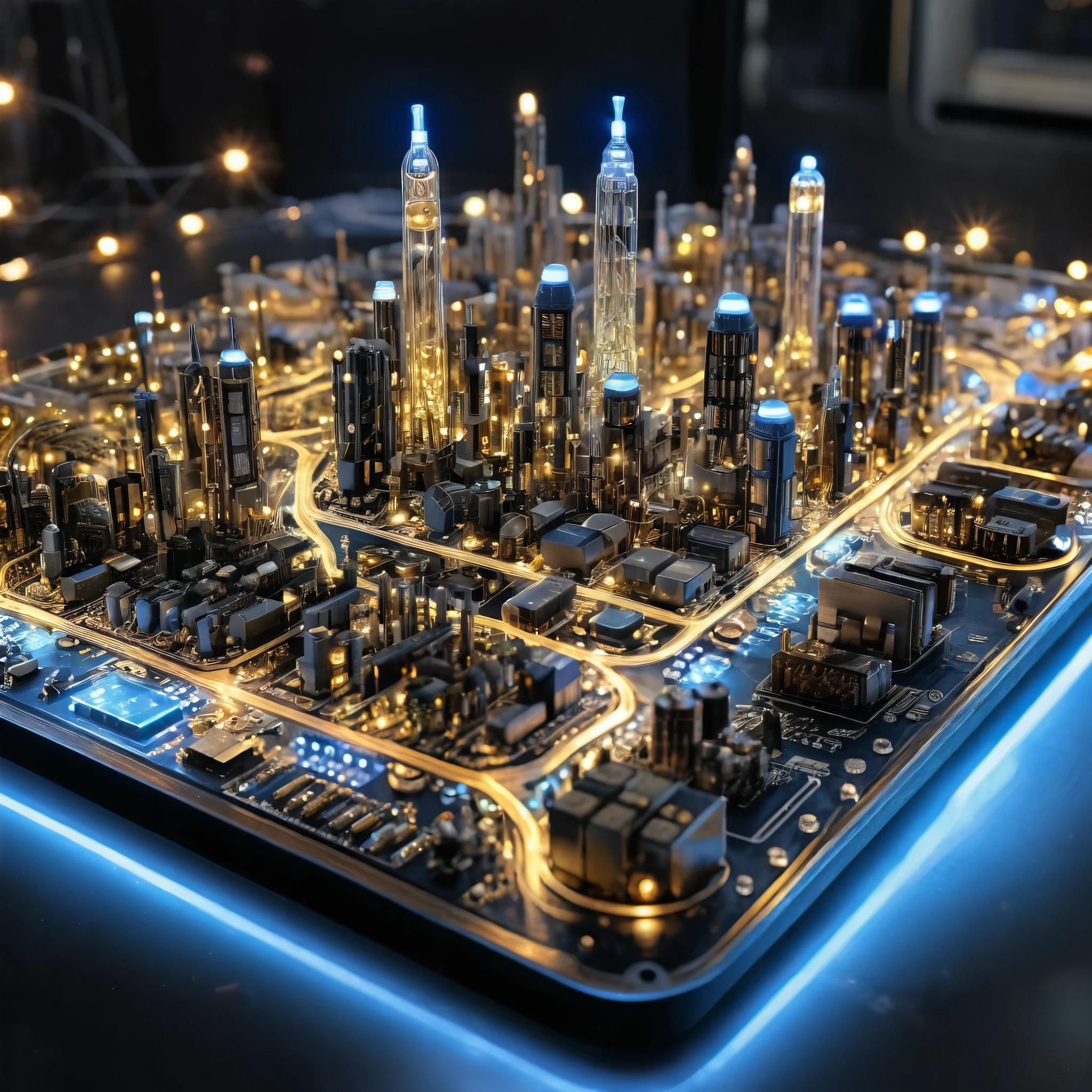 A highly detailed miniature city resembling electronic components on a circuit board, with intricate details and glowing lights, photorealistic, finely rendered. (complementary colors:1.2), (sharp focus:1.1), (Unreal Engine 5:1.2), (Photo Realistic:1.2), (high quality:1.2), (4K:1.1), (volumetric lighting:1.2), (highly detailed:1.3), (bloom:1.1), (micro details:1.2), (masterpiece:1.3), (luminescent:1.1), (aesthetic:1.3), (beautiful:1.3), (HDR:1.2), (dynamic composition:1.2), (captivating atmosphere:1.2), (immersive experience:1.3), (innovative design:1.2), (cinematic excellence:1.3), (timeless elegance:1.1), (visual storytelling:1.2), (technological marvel:1.2), (artistic finesse:1.3), (ethereal beauty:1.1), (creative brilliance:1.2)