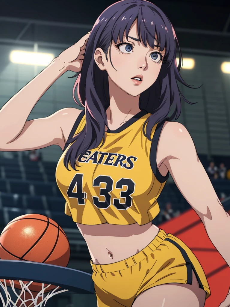 1girl in basketball uniform,crop top,beautiful detailed eyes,beautiful detailed lips,extremely detailed face,longeyelashes,dynamic pose,basketball court background,(best quality,4k,8k,highres,masterpiece:1.2),ultra-detailed,(realistic,photorealistic,photo-realistic:1.37),vibrant colors,dynamic lighting,sports,athletic