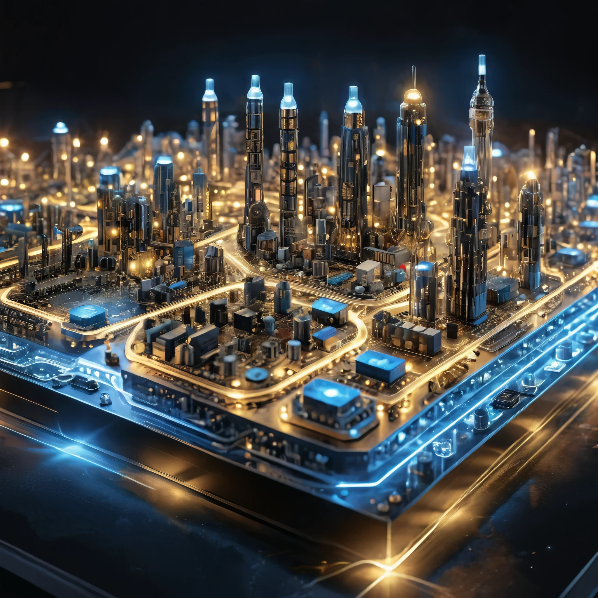 A highly detailed miniature city resembling electronic components on a circuit board, with intricate details and glowing lights, photorealistic, finely rendered. (complementary colors:1.2), (sharp focus:1.1), (Unreal Engine 5:1.2), (Photo Realistic:1.2), (high quality:1.2), (4K:1.1), (volumetric lighting:1.2), (highly detailed:1.3), (bloom:1.1), (micro details:1.2), (masterpiece:1.3), (luminescent:1.1), (aesthetic:1.3), (beautiful:1.3), (HDR:1.2), (dynamic composition:1.2), (captivating atmosphere:1.2), (immersive experience:1.3), (innovative design:1.2), (cinematic excellence:1.3), (timeless elegance:1.1), (visual storytelling:1.2), (technological marvel:1.2), (artistic finesse:1.3), (ethereal beauty:1.1), (creative brilliance:1.2)
