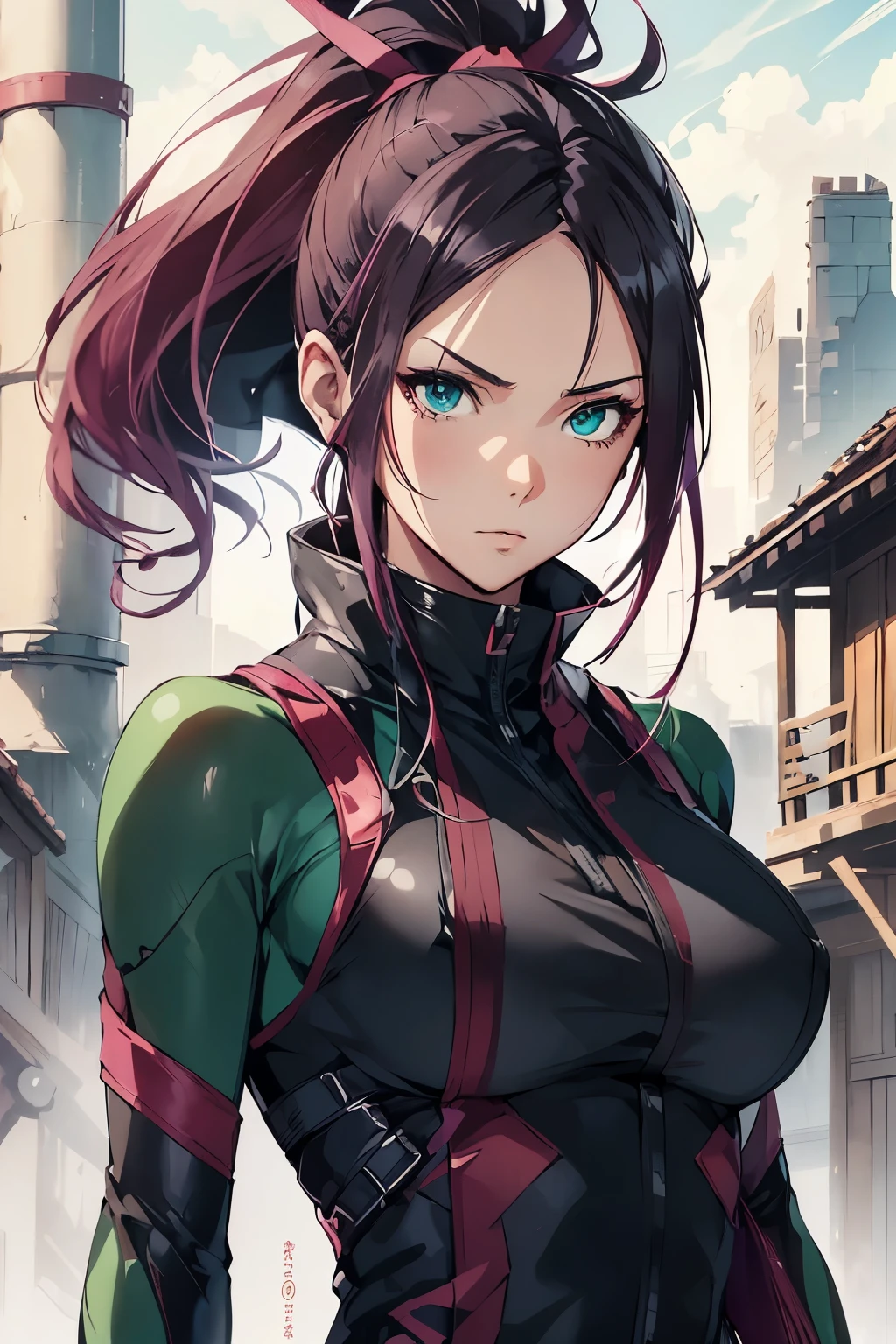 1 kunoichi, fair skin, green eyes, long pink hair, ponytail, brown eyes, ((detailed eyes:1.2)), medium breasts, wearing ninja suit, sexy, sensual, open back, sleeveless, masterpiece, top quality, best quality, official art, beautiful and aesthetic:1.2), extreme detailed, colorful, highest detailed