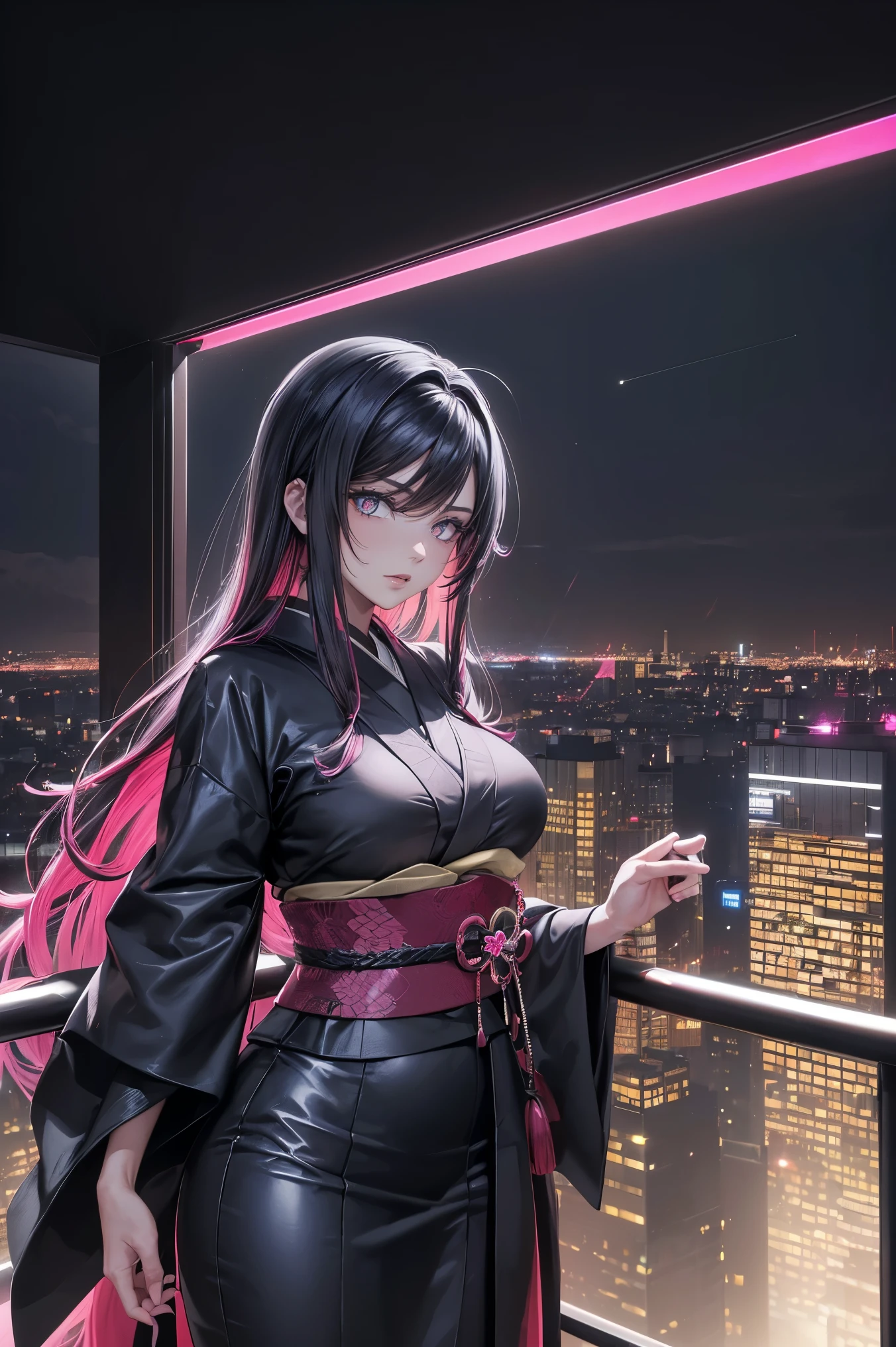 anime, (obra de arte, melhor qualidade, ultra-detalhado, alto contraste), 1 mulher gordinha (Sozinho, corpo todo, corpo plus size, standing on the edge of the skyscraper, cabelo prateado, CABELO LONGO E FLUXO, olhos vermelhos brilhantes de rubi, (Kimono preto, black cybernetics with neon pink), meias pretas transparentes), (skyscraper roof, com vista para uma cidade, fundo detalhado ((Night time, darkness, low light pollution)))