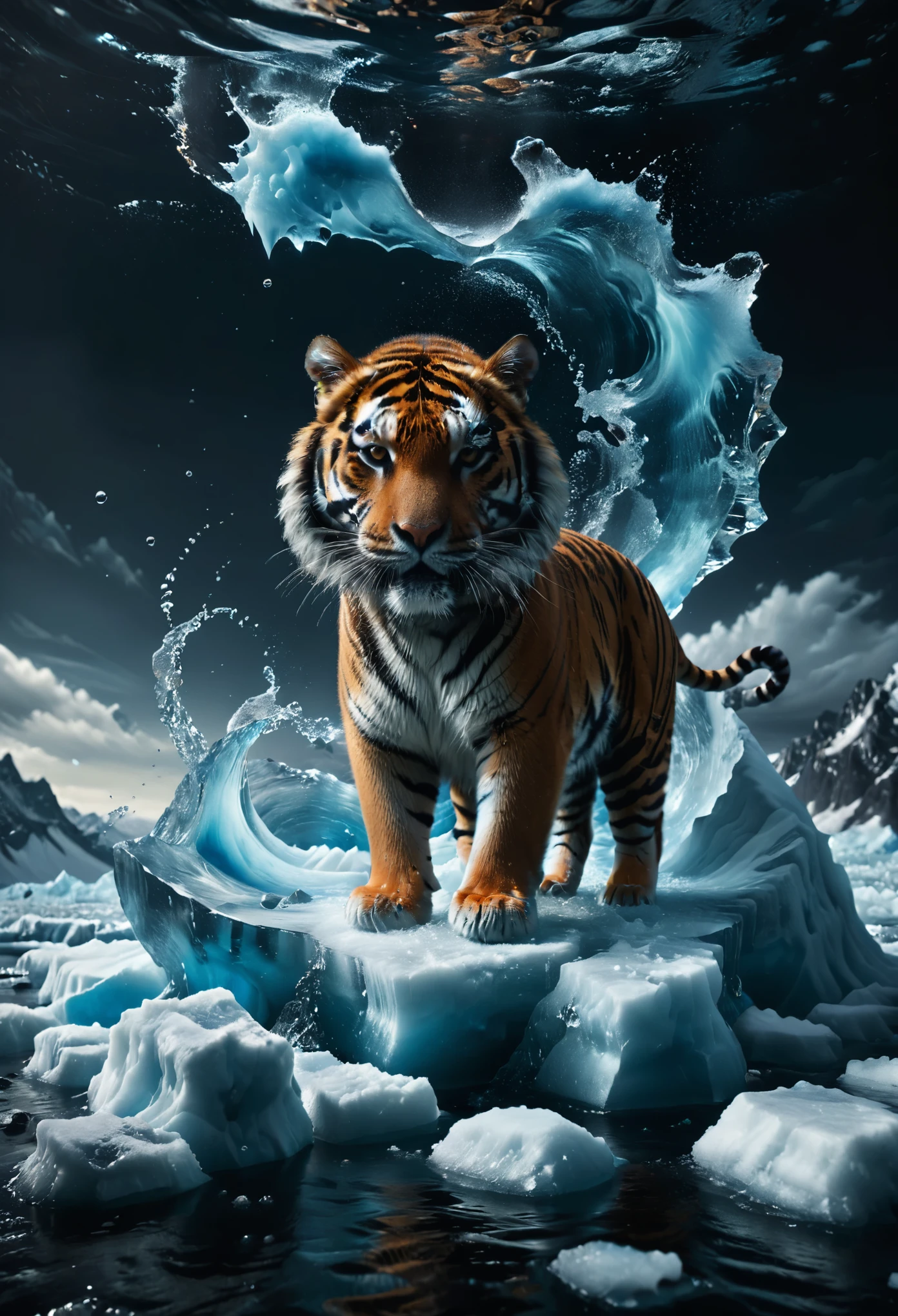 a tiger drifting on a piece of ice, surreal