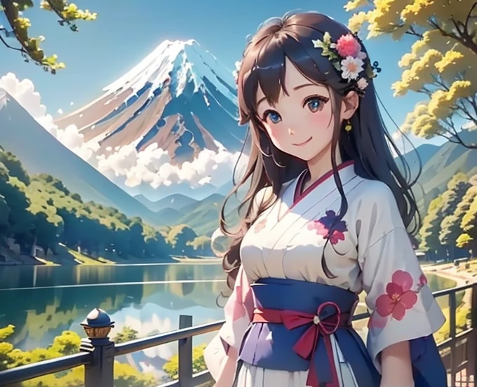 highest quality、Lakeside in front of the mountain、Mt fuji、summer、Daytime、Beautiful blue sky、outside of home、Young girl、Smile on the screen、Detailed beauty、picnic、Open the parasol、kimono、taisho roman 