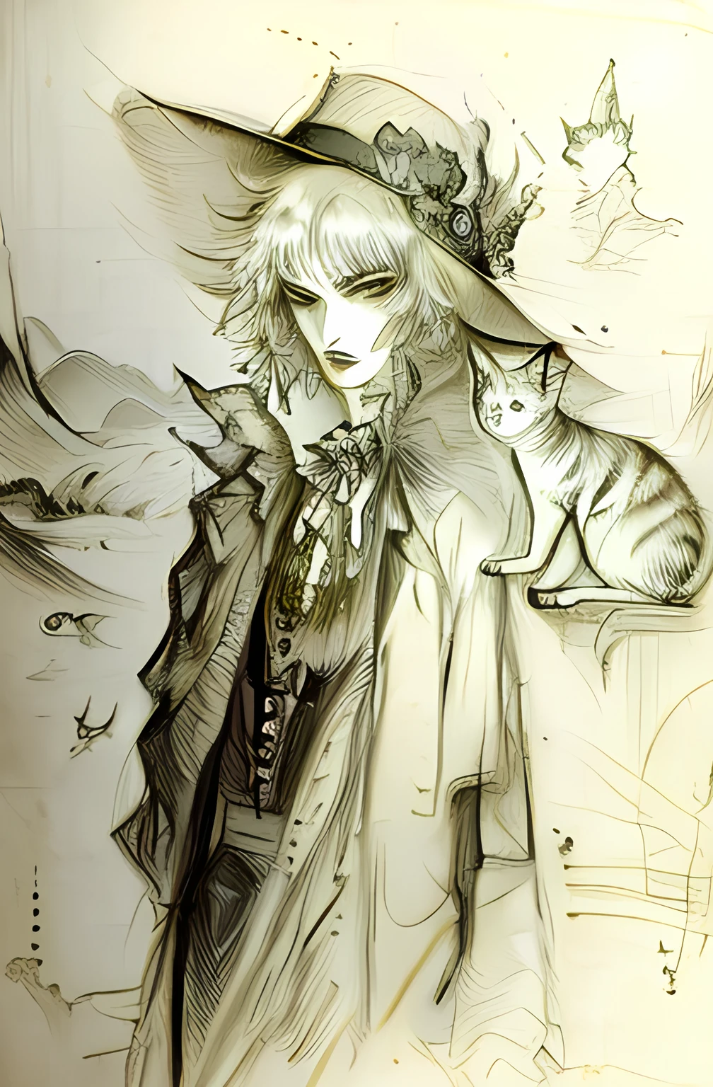 sketches of a woman with a hat and a cat, delicate androgynous prince, old sketch, faded drawing, detailed but rough, creepy explorer sketch, character design : : gothic, pencil doodle, inspired by Tsukioka Yoshitoshi, pencil and ink manga drawing, inspired by Harry Clarke, beautiful androgynous prince, shadowy and eerie character