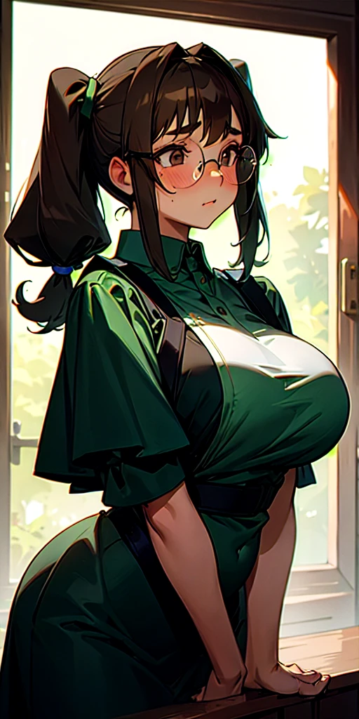 Favorite person, shy, pigtails, hairy, dark personality, , shy, , glasses, high school girl, big breasts, sheer, girlfriend, Slightly chubby，1 girl，Young Face，bobhair，pigtails hair，green hair, Twin-tailed，Large upwards，softness，Soft skin，Brown hair，Round glasses，Bit in, big breast, chubby