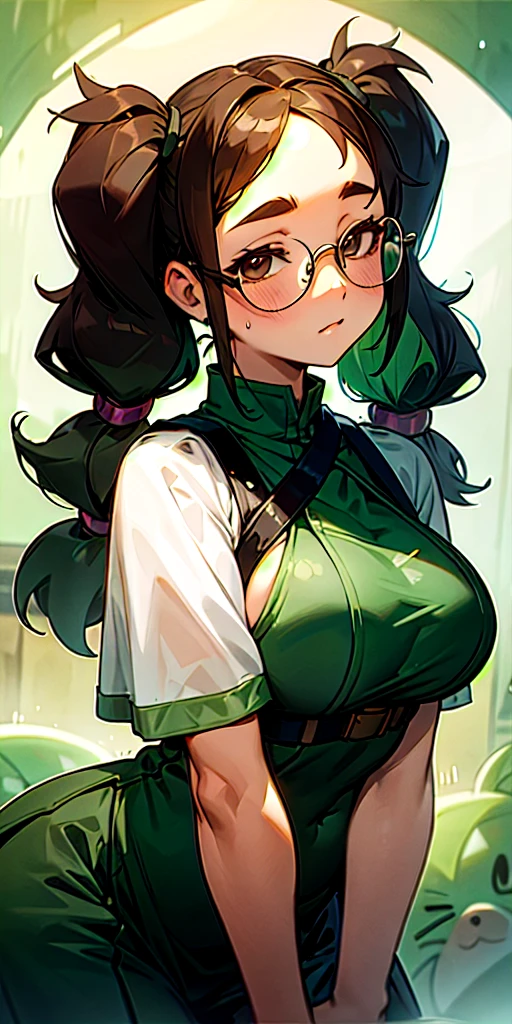Favorite person, shy, pigtails, hairy, dark personality, , shy, , glasses, high school girl, big breasts, sheer, girlfriend, Slightly chubby,1 girl,Young Face,bobhair,pigtails hair,green hair, Twin-tailed,Large upwards,softness,Soft skin,Brown hair,Round glasses,Bit in, big breast, chubby