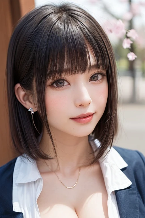 (SFW:1.8、masterpiece, highest quality),1 girl, alone, hyper Realistic, Realistic,Realistic, Looking at the audience, Bright blue-green eyes:1.4,Brunette Short Bob Hair with highly detailed shiny hair, Very delicate and beautiful brightly colored clothing:1.4, Lepangas:1.4), Mouth closed, Upper Body、big chest eye、eyelash、{Huge|big chest|Hugeな|Mega} whole :2, Chest cleavage:2、(((Beautiful and cute bangs:2、Jet Black Hair:2、Add highlights to the eyes:1.4、big chest eye、Short Bob Hair、Glowing Skin:1.4、Looking at the audience、She is very 美しい and cute、Show me your ears、Beautiful long neck、smile、Please close your mouth and laugh、Bangs and beautiful teeth)))、Ideal body type、((school uniform、、uniform, blazer、School teacher、Background in front of the school gate、Beautiful cherry blossom tree background))、Beautiful long neck:1.4、(({Huge|big|Huge|Mega} chest, Chest cleavage:2))、(((Portraiture:2、Face close-up:2、Close up of chest:2)))、((Transparency、clear、Transparent beauty、Gloss))、Perfect Anatomy