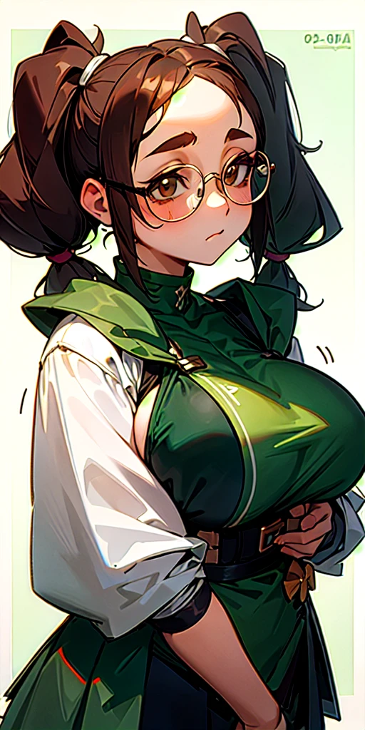 Favorite person, shy, pigtails, hairy, dark personality, 16 years old, shy, , glasses, high school girl, big breasts, sheer, girlfriend, Slightly chubby，1 girl，Young Face，bobhair，pigtails hair，green hair, Twin-tailed，Large upwards，softness，Soft skin，Brown hair，Round glasses，Bit in, big breast, chubby 
holding breasts