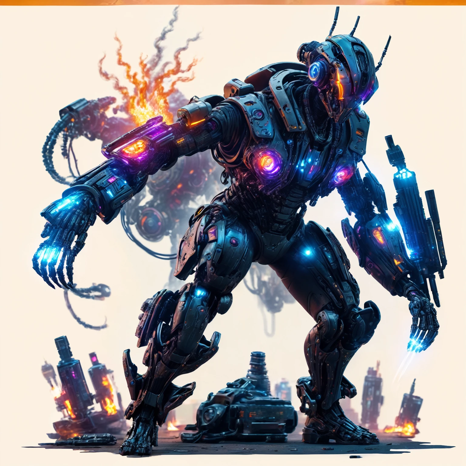 Masterpiece, High quality, ((character concept art)), ((character design sheet, same character))

cyberpunk cybernetic revolutionaries, futuristic flame suit, flaming guns on hands, complex intricate robot body, highly detailed, photorealistic, 8k, cinematic lighting, dramatic, neon colors, moody atmosphere, science fiction, concept art style