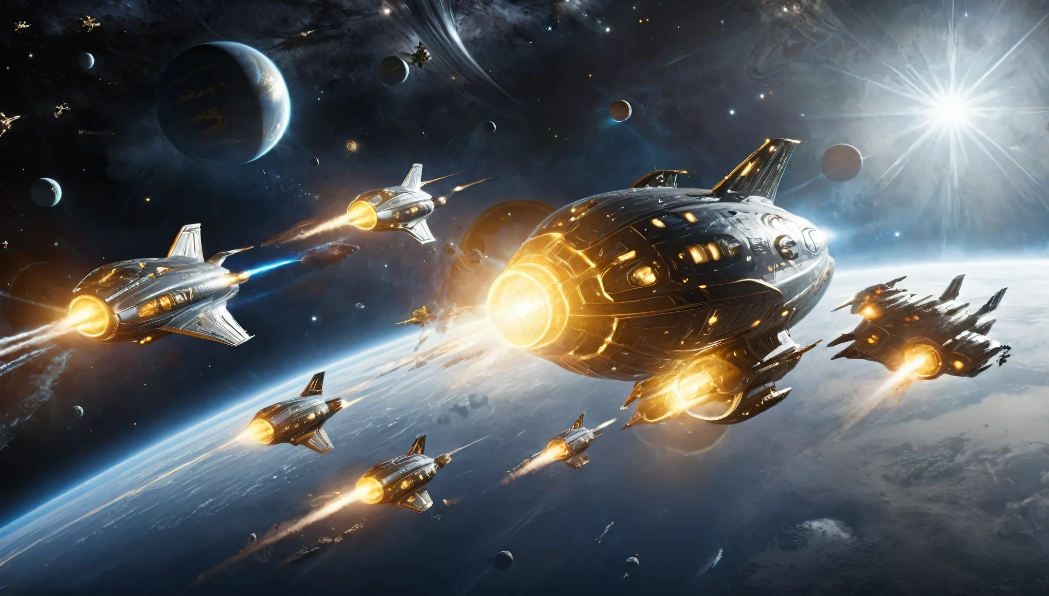 A massive fleet of spaceships gathering near a bright star, with each ship uniquely designed, in a photorealistic style with bold coloration. (complementary colors:1.2), (sharp focus:1.1), (Unreal Engine 5:1.2), (CGI:1.2), (high quality:1.2), (4K:1.1), (volumetric lighting:1.2), (highly detailed:1.3), (bloom:1.1), (micro details:1.2), (masterpiece:1.3), (luminescent:1.1), (aesthetic:1.3), (beautiful:1.3), (HDR:1.2), (dynamic composition:1.2), (captivating atmosphere:1.2), (immersive experience:1.3), (innovative design:1.2), (cinematic excellence:1.3), (timeless elegance:1.1), (visual storytelling:1.2), (technological marvel:1.2), (artistic finesse:1.3), (ethereal beauty:1.1), (creative brilliance:1.2)