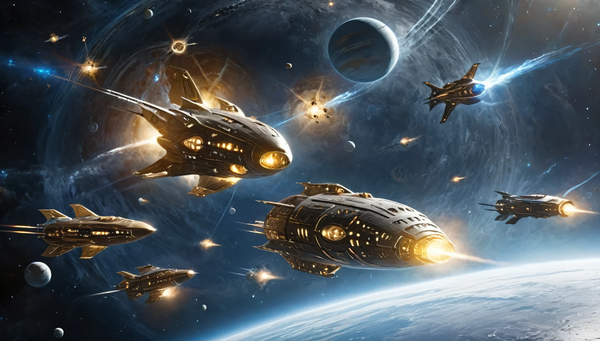 A massive fleet of spaceships gathering near a bright star, with each ship uniquely designed, in a photorealistic style with bold coloration. (complementary colors:1.2), (sharp focus:1.1), (Unreal Engine 5:1.2), (CGI:1.2), (high quality:1.2), (4K:1.1), (volumetric lighting:1.2), (highly detailed:1.3), (bloom:1.1), (micro details:1.2), (masterpiece:1.3), (luminescent:1.1), (aesthetic:1.3), (beautiful:1.3), (HDR:1.2), (dynamic composition:1.2), (captivating atmosphere:1.2), (immersive experience:1.3), (innovative design:1.2), (cinematic excellence:1.3), (timeless elegance:1.1), (visual storytelling:1.2), (technological marvel:1.2), (artistic finesse:1.3), (ethereal beauty:1.1), (creative brilliance:1.2)
