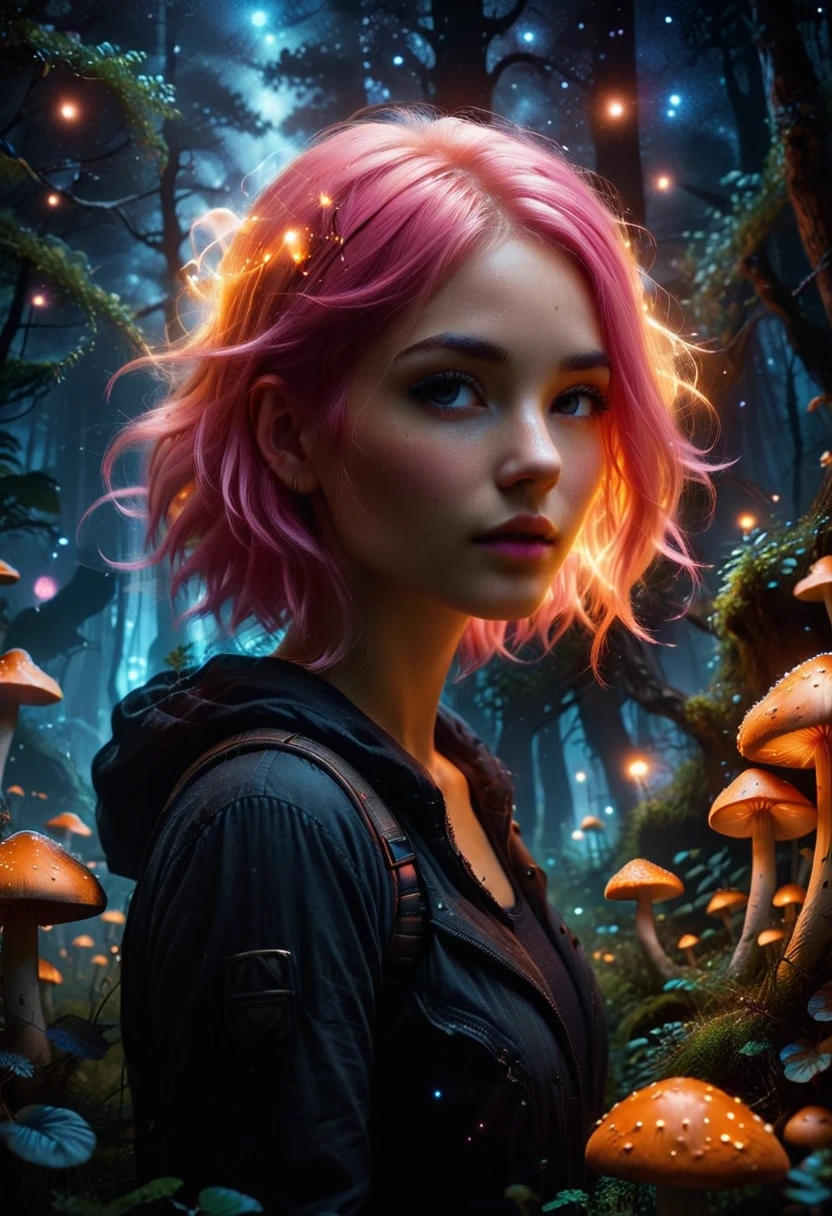 A close-up of a girl with pink hair in a dark, surreal forest. She is illuminated by vibrant, bioluminescent mushrooms casting an orange glow. The background features a deep blue night sky with glowing stars. The girl's expression is serene and mysterious. Shot with a high-resolution camera, the image captures fine details, including the soft texture of her skin and the delicate lighting effects. The overall mood is magical and otherworldly, blending natural and fantastical elements.