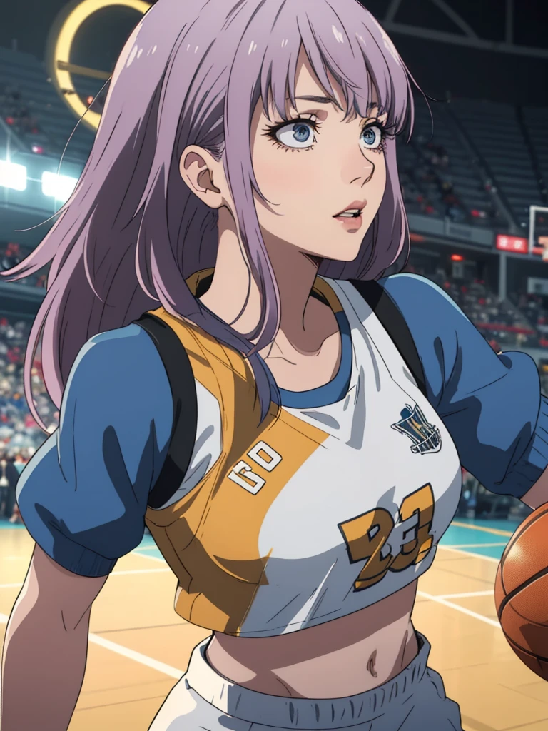 1girl in basketball golden state uniform,crop top,beautiful detailed eyes,beautiful detailed lips,extremely detailed face,longeyelashes,dynamic pose,basketball court background,(best quality,4k,8k,highres,masterpiece:1.2),ultra-detailed,(realistic,photorealistic,photo-realistic:1.37),vibrant colors,dynamic lighting,sports,athletic