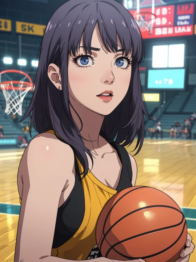 1girl in basketball golden state uniform,crop top,beautiful detailed eyes,beautiful detailed lips,extremely detailed face,longeyelashes,dynamic pose,basketball court background,(best quality,4k,8k,highres,masterpiece:1.2),ultra-detailed,(realistic,photorealistic,photo-realistic:1.37),vibrant colors,dynamic lighting,sports,athletic