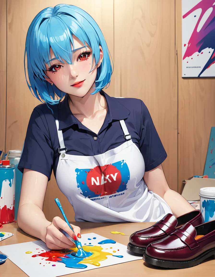 A masterpiece portrait of smiling Rei Ayanami (Evangelion), Evangelion (Hideaki), Caustics, High resolution illustrations, Red eyes, feminine, No students, Blue Hair,  short hair, Japanese , loafers, Spank, Synthwave, paint Splashs, Shaded flat illustration, Digital Art, Trending on Art Station, Very detailed, The finer details, complicated, Splash, Overtake, Vaporware, Neon color