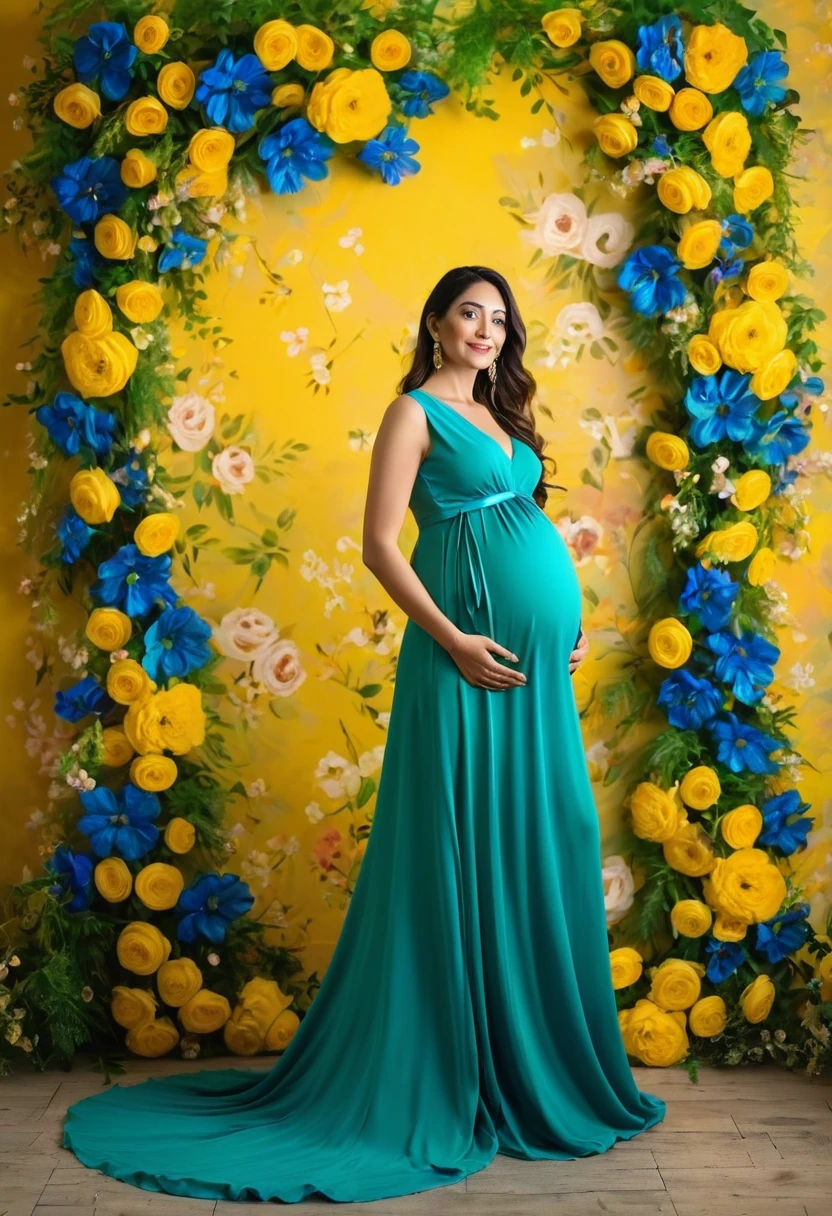 pregnant woman in blue dress with flower pattern  standing in front of floral wall, maternal photography 4 k, floral yellow painted backdrop, floral art novuea green  dress, lady with glowing flowers dress, full body portrait painting, wearing a long flowery dress, flowing gown, wearing floral chiton, full body portrait shot, colorful backdrop, full body portrait, long luxurious flowing gown, beautiful gown