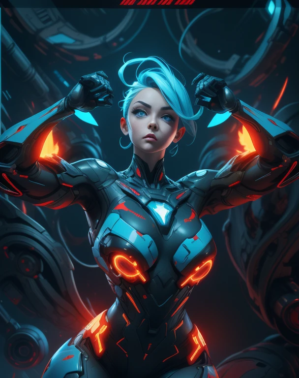 bright blue eyes, killing intent, scifi full body suit, character sheet design, cyberpunk cybernetic revolutionaries, futuristic flame suit, flaming guns on hands, complex intricate robot body, highly detailed, photorealistic, 8k, cinematic lighting, dramatic, neon colors, moody atmosphere, science fiction, concept art style