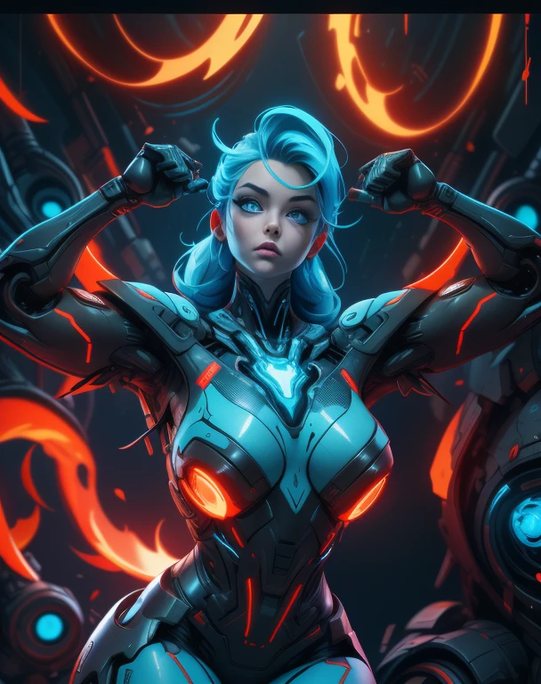 bright blue eyes, killing intent, scifi full body suit, character sheet design, cyberpunk cybernetic revolutionaries, futuristic flame suit, flaming guns on hands, complex intricate robot body, highly detailed, photorealistic, 8k, cinematic lighting, dramatic, neon colors, moody atmosphere, science fiction, concept art style