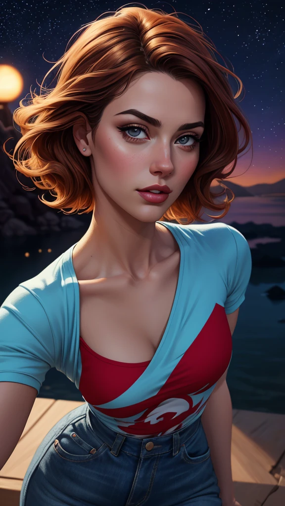 uma mulher com longos cabelos pretos e camisa azul com uma estrela no peito, linda arte digital, beautiful digital illustration, arte digital realista 4k, arte digital realista 4k, linda pintura digital, linda pintura digital, stunning digital illustration, Alena Aenami e Artgerm, belo retrato detalhado, linda pintura de personagem, pintura realista de linda garota