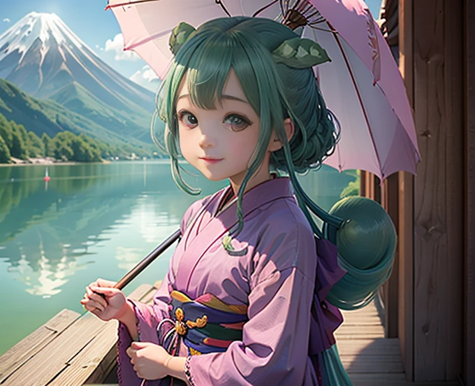 highest quality、Lakeside in front of the mountain、Mt fuji、summer、Daytime、Beautiful blue sky、outside of home、Young girl、Smile on the screen、Detailed beauty、picnic、Open the parasol、kimono、taisho roman