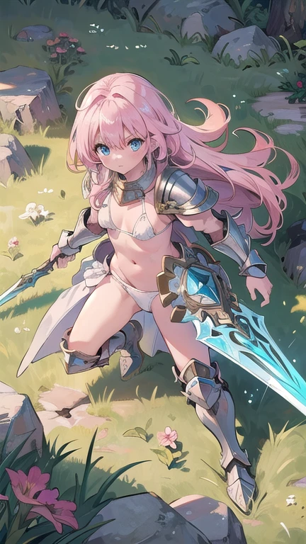 (masterpiece:1.2), (highest quality:1.2), perfect eyes, perfect face, perfect lighting, middle ages, grassland, Rock Shade, , 1 boy, Pink Hair, Iris,  Semi-long hair, Small breasts, ((((white bikini armor)))), He is holding a rough sword and a round shield., dynamic pose