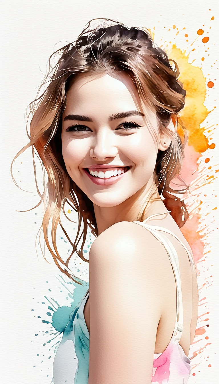 chica sonriendo arte moderno, minimalismo, contemporary elegance, dreamcore, moda elegante , fusion of watercolor and digital illustration, colores limpios, minimalistas y vibrantes