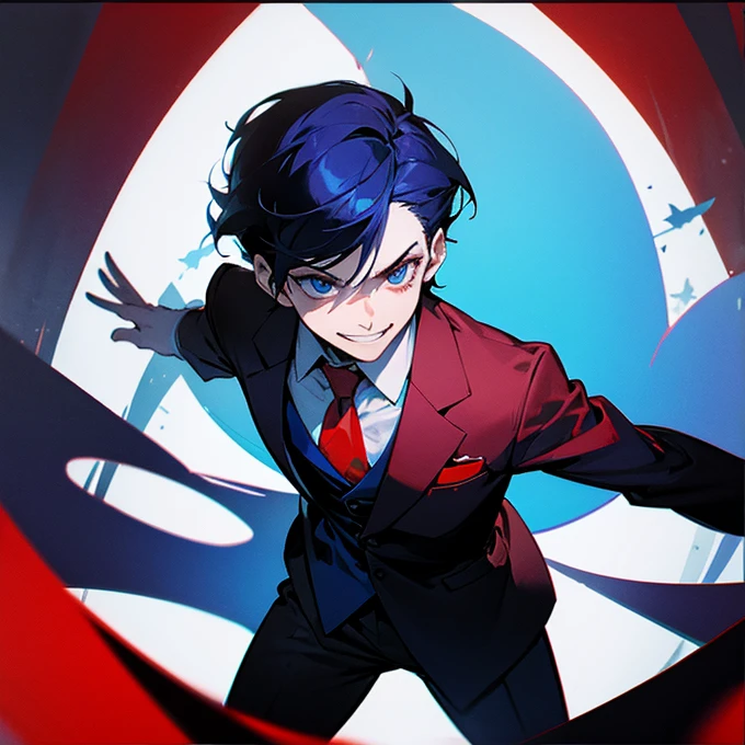 Blue and red as the base、Graphic Novel、Grin、look down、suit、Dark Shadows、2d