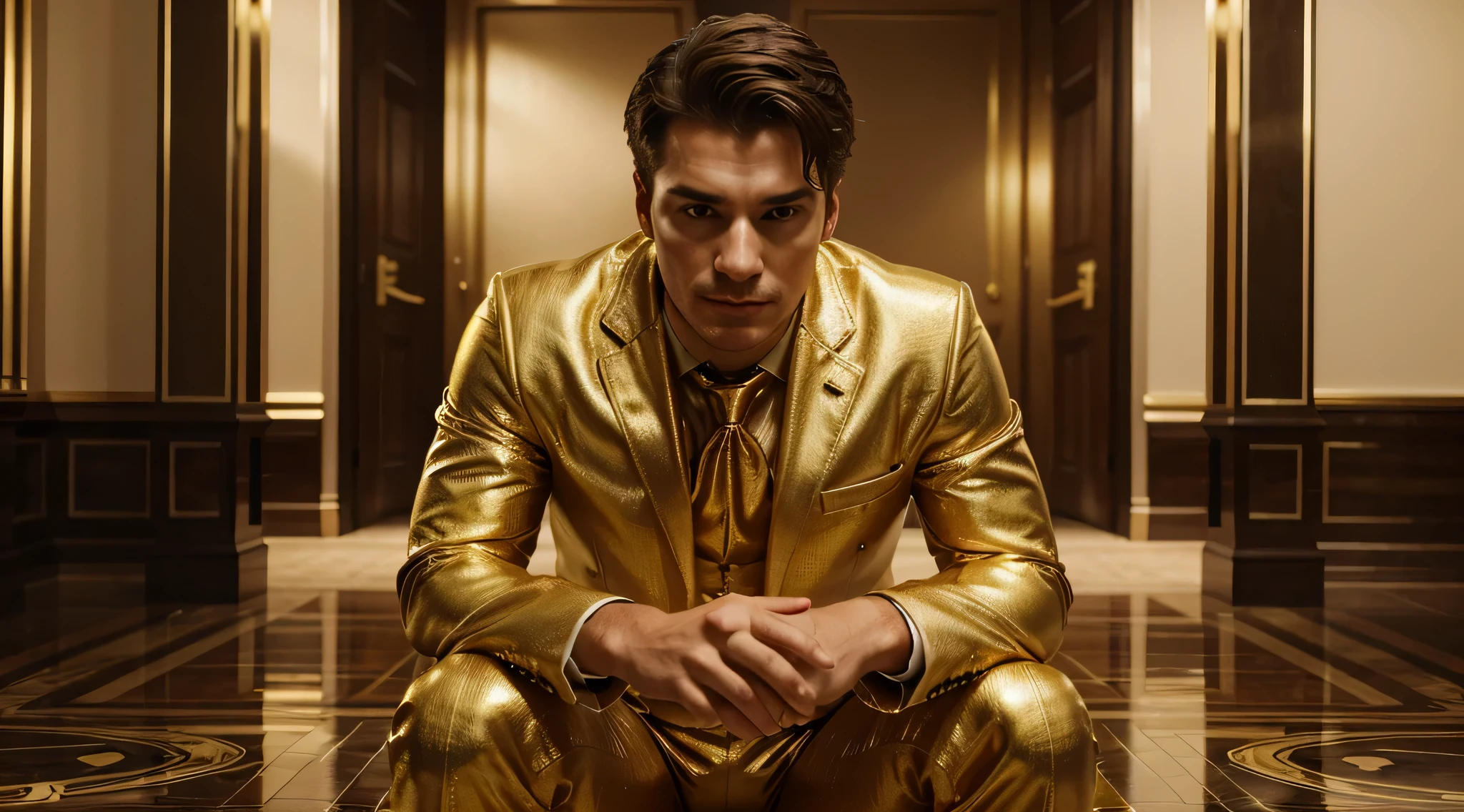 a man with a successful suit in a room smelling of gold, ultra realistic vivid image, hyper detailed 8k realistic skin