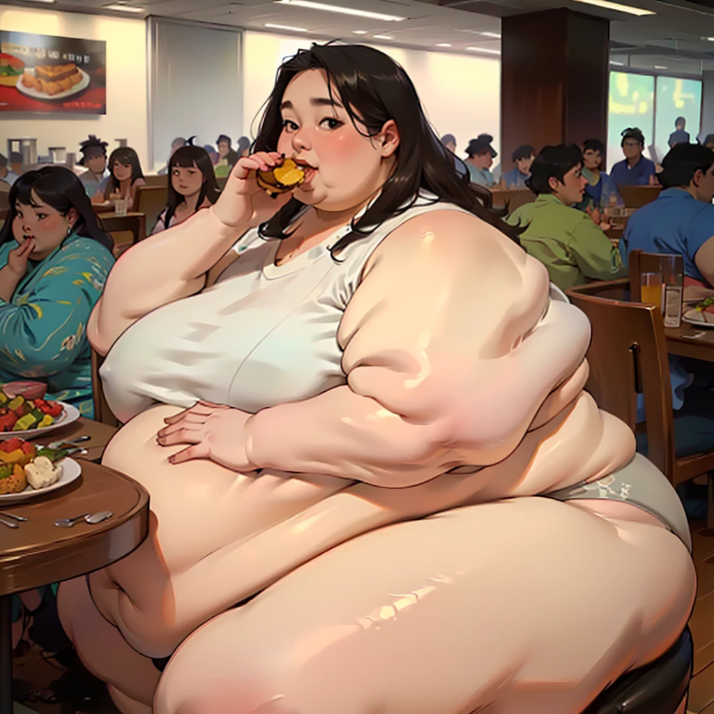 (masterpiece, best quality, highres, detailed, realistic:1.2), korean woman, young, teenager, USSBBW, (morbidly obese, fatblob:1.5), (gigantic belly:1.3), (detailed face, beautiful face), high aesthetic, eating junk food, panties, surrounded by concerned friends, restauraunt