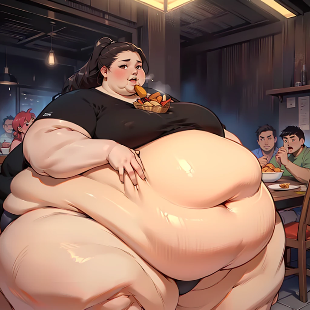 (masterpiece, best quality, highres, detailed, realistic:1.2), korean woman, young, ager, USSBBW, (morbidly obese, fatblob:1.5), (gigantic belly:1.3), (detailed face, beautiful face), high aesthetic, eating junk food, panties, surrounded by concerned friends, restauraunt