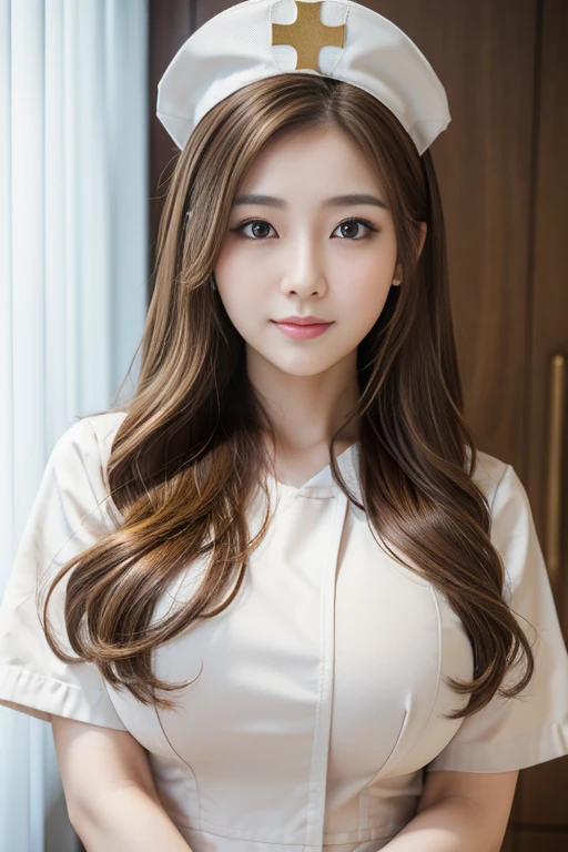 korean girl, Nurse , in hospital , detailed hand , high quality, super quality, detailed face, beautiful woman , golden eyes, long hair , huge breast , gorgeous dress, wearing white nurse costume , nurse cap, sharpe eyebrow , (brown hair:1.4)