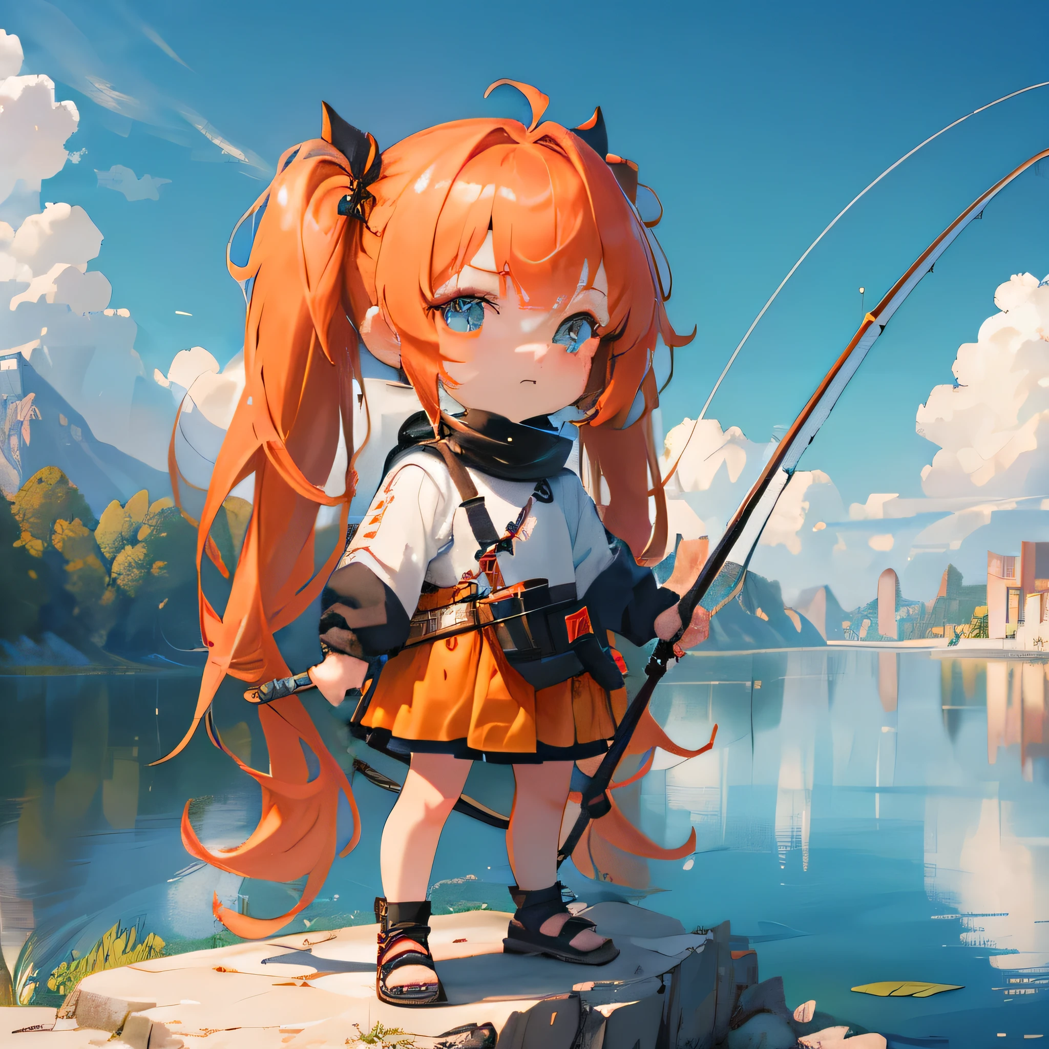 masterpiece, highest quality, 8k wallpaper, Very detailed, 1 girl, Orange Hair, Twin tails, fine grain, (Chibi Character)、Deformed、 warrior outfit,freckles，dark，I have a fishing rod、Standing by the lake、Desert oasis background、Catching fish